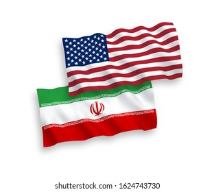 National vector fabric wave flags of Iran and USA isolated on white background. 1 to 2 proportion.