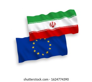 National vector fabric wave flags of European Union and Iran isolated on white background. 1 to 2 proportion.