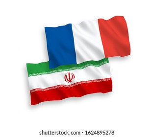 National vector fabric wave flags of France and Iran isolated on white background. 1 to 2 proportion.