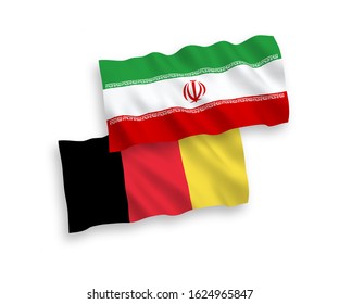 National vector fabric wave flags of Iran and Belgium isolated on white background. 1 to 2 proportion.
