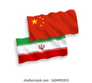 National vector fabric wave flags of Iran and China isolated on white background 1 to 2 proportion.