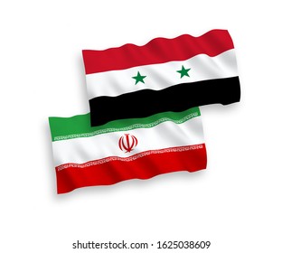 National vector fabric wave flags of Iran and Syria isolated on white background. 1 to 2 proportion.