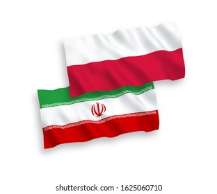 National vector fabric wave flags of Iran and Poland isolated on white background. 1 to 2 proportion.