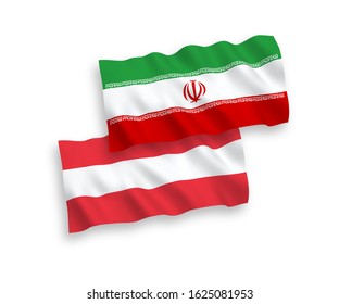National vector fabric wave flags of Austria and Iran isolated on white background. 1 to 2 proportion.