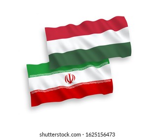 National vector fabric wave flags of Iran and Hungary isolated on white background. 1 to 2 proportion.