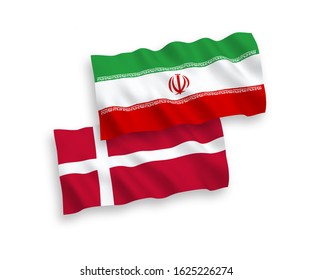National vector fabric wave flags of Denmark and Iran isolated on white background. 1 to 2 proportion.