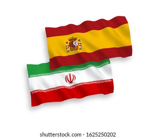 National vector fabric wave flags of Iran and Spain isolated on white background. 1 to 2 proportion.