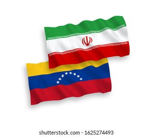 National vector fabric wave flags of Venezuela and Iran isolated on white background. 1 to 2 proportion.