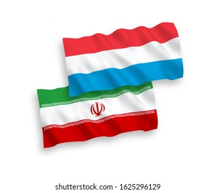 National vector fabric wave flags of Iran and Luxembourg isolated on white background. 1 to 2 proportion.