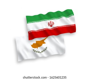National vector fabric wave flags of Cyprus and Iran isolated on white background. 1 to 2 proportion.