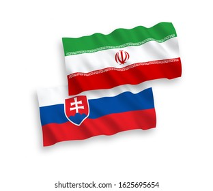 National vector fabric wave flags of Slovakia and Iran isolated on white background. 1 to 2 proportion.