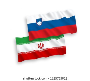 National vector fabric wave flags of Slovenia and Iran isolated on white background. 1 to 2 proportion.