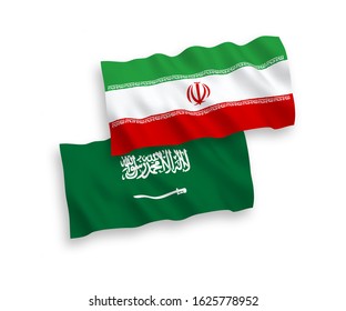 National vector fabric wave flags of Saudi Arabia and Iran isolated on white background. 1 to 2 proportion.