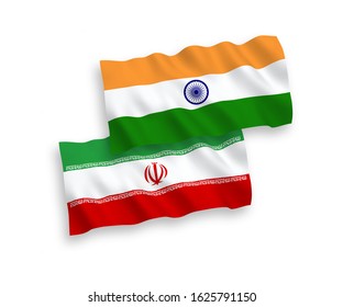 National vector fabric wave flags of India and Iran isolated on white background. 1 to 2 proportion.