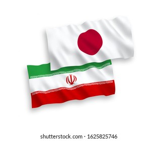 National vector fabric wave flags of Japan and Iran isolated on white background. 1 to 2 proportion.