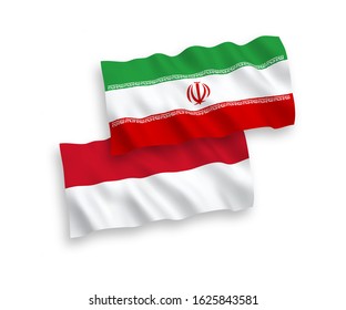 National vector fabric wave flags of Indonesia and Iran isolated on white background. 1 to 2 proportion.