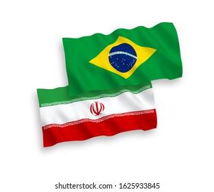 National vector fabric wave flags of Brazil and Iran isolated on white background. 1 to 2 proportion.