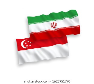 National vector fabric wave flags of Iran and Singapore isolated on white background. 1 to 2 proportion.