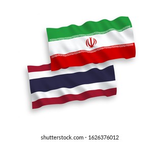 National vector fabric wave flags of Iran and Thailand isolated on white background. 1 to 2 proportion.