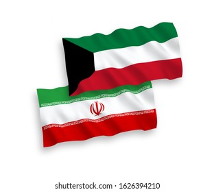 National vector fabric wave flags of Iran and Kuwait isolated on white background. 1 to 2 proportion.