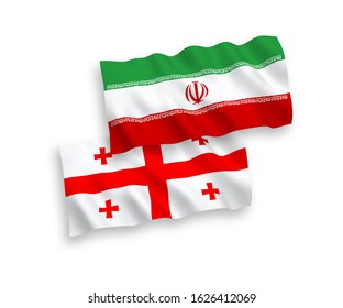 National vector fabric wave flags of Iran and Georgia isolated on white background. 1 to 2 proportion.