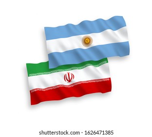 National vector fabric wave flags of Iran and Argentina isolated on white background. 1 to 2 proportion.