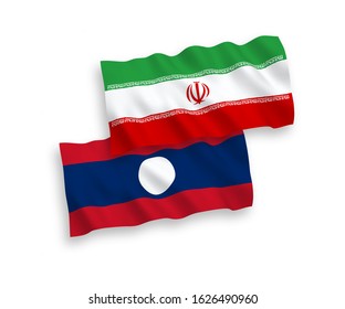 National vector fabric wave flags of Iran and Laos isolated on white background. 1 to 2 proportion.
