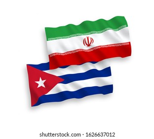 National vector fabric wave flags of Iran and Cuba isolated on white background. 1 to 2 proportion.