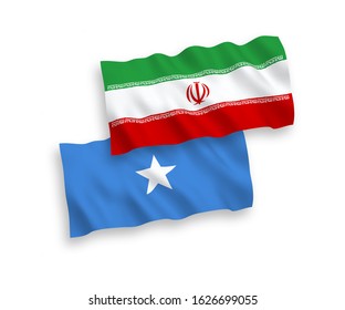 National vector fabric wave flags of Iran and Somalia isolated on white background. 1 to 2 proportion.