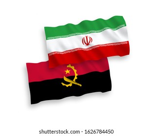 National vector fabric wave flags of Iran and Angola isolated on white background. 1 to 2 proportion.