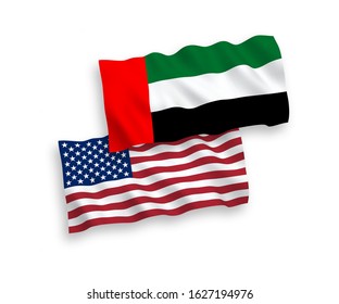 National vector fabric wave flags of United Arab Emirates and USA isolated on white background. 1 to 2 proportion.