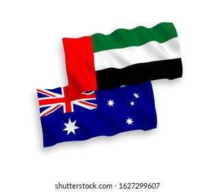 National vector fabric wave flags of Australia and United Arab Emirates isolated on white background. 1 to 2 proportion.