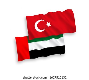 National vector fabric wave flags of Turkey and United Arab Emirates isolated on white background. 1 to 2 proportion.