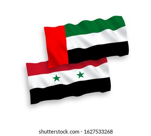 National vector fabric wave flags of United Arab Emirates and Syria isolated on white background. 1 to 2 proportion.