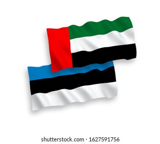 National vector fabric wave flags of Estonia and United Arab Emirates isolated on white background. 1 to 2 proportion.