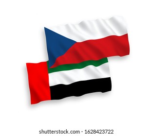 National vector fabric wave flags of Czech Republic and United Arab Emirates isolated on white background. 1 to 2 proportion.
