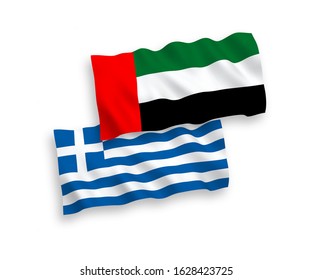 National vector fabric wave flags of Greece and United Arab Emirates isolated on white background. 1 to 2 proportion.
