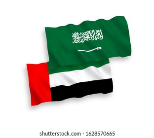 National vector fabric wave flags of Saudi Arabia and United Arab Emirates isolated on white background. 1 to 2 proportion.