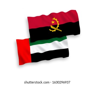 National vector fabric wave flags of United Arab Emirates and Angola isolated on white background. 1 to 2 proportion.