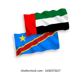 National vector fabric wave flags of United Arab Emirates and Democratic Republic of the Congo isolated on white background. 1 to 2 proportion.
