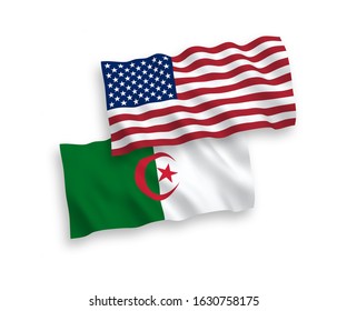 National vector fabric wave flags of Algeria and USA isolated on white background. 1 to 2 proportion.