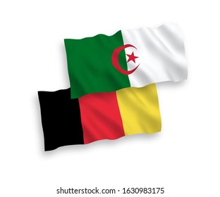 National vector fabric wave flags of Algeria and Belgium isolated on white background. 1 to 2 proportion.