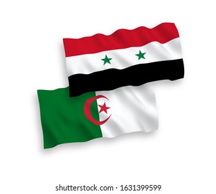 National vector fabric wave flags of Algeria and Syria isolated on white background. 1 to 2 proportion.