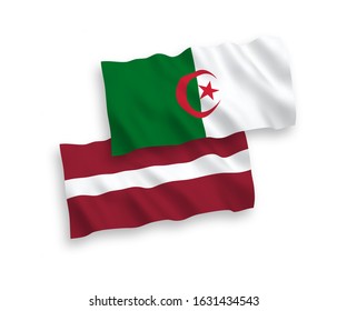 National vector fabric wave flags of Latvia and Algeria isolated on white background. 1 to 2 proportion.