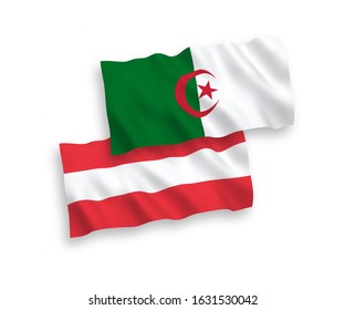 National vector fabric wave flags of Austria and Algeria isolated on white background. 1 to 2 proportion.