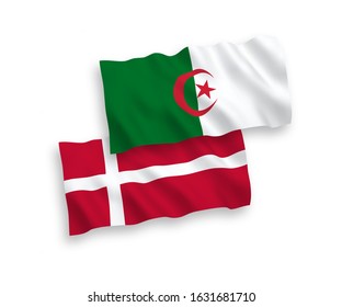 National vector fabric wave flags of Denmark and Algeria isolated on white background. 1 to 2 proportion.