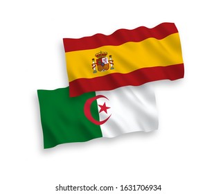 National vector fabric wave flags of Algeria and Spain isolated on white background. 1 to 2 proportion.