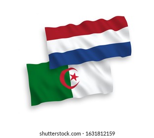 National vector fabric wave flags of Algeria and Netherlands isolated on white background. 1 to 2 proportion.