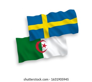 National vector fabric wave flags of Sweden and Algeria isolated on white background. 1 to 2 proportion.