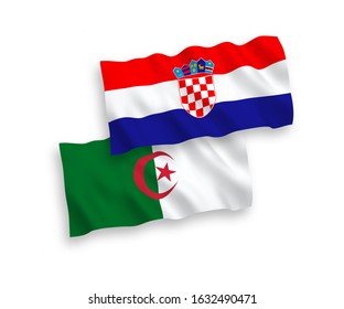 National vector fabric wave flags of Algeria and Croatia isolated on white background. 1 to 2 proportion.